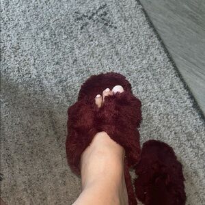 Burgundy Faux Fur slip on slide Slippers  with open square toe cushioned insole